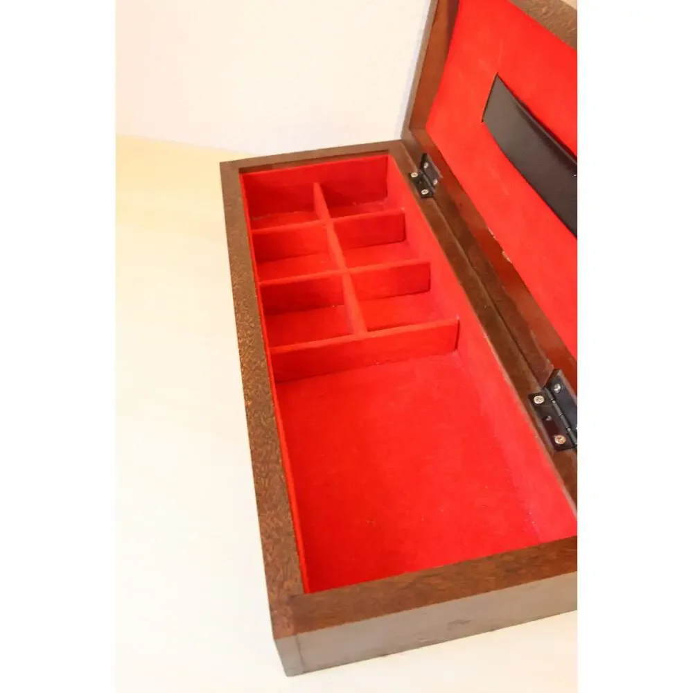 Vintage Nautical Wood Valet Jewelry Box Brass Ship Wheel Inlay Red Felt Lining